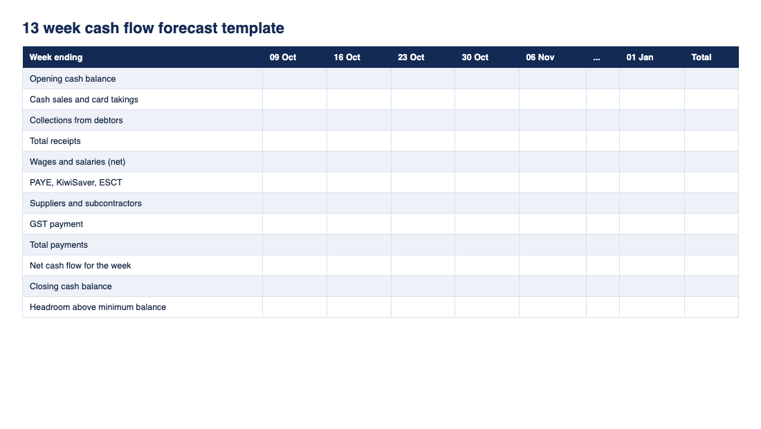 Preview of the 13-week cash flow forecast template (Excel) from ClearLogic Intelligence