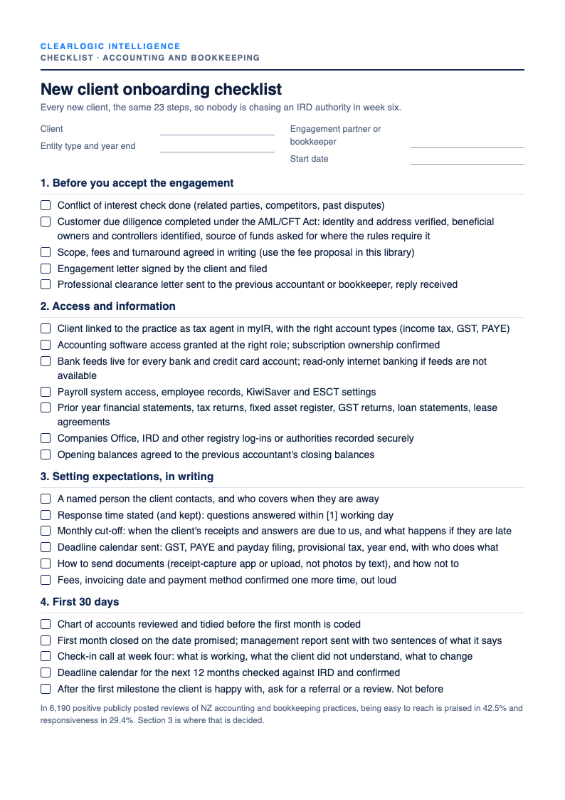 Preview of the New client onboarding checklist for accountants and bookkeepers from ClearLogic Intelligence