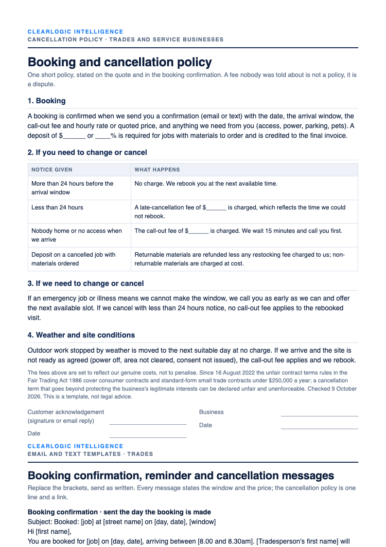Preview of the Booking confirmation, cancellation policy and message templates from ClearLogic Intelligence