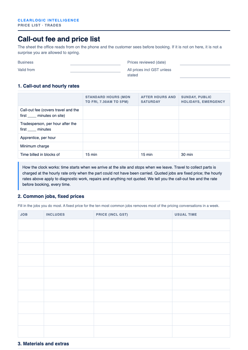 Preview of the Call-out fee and price list sheet from ClearLogic Intelligence