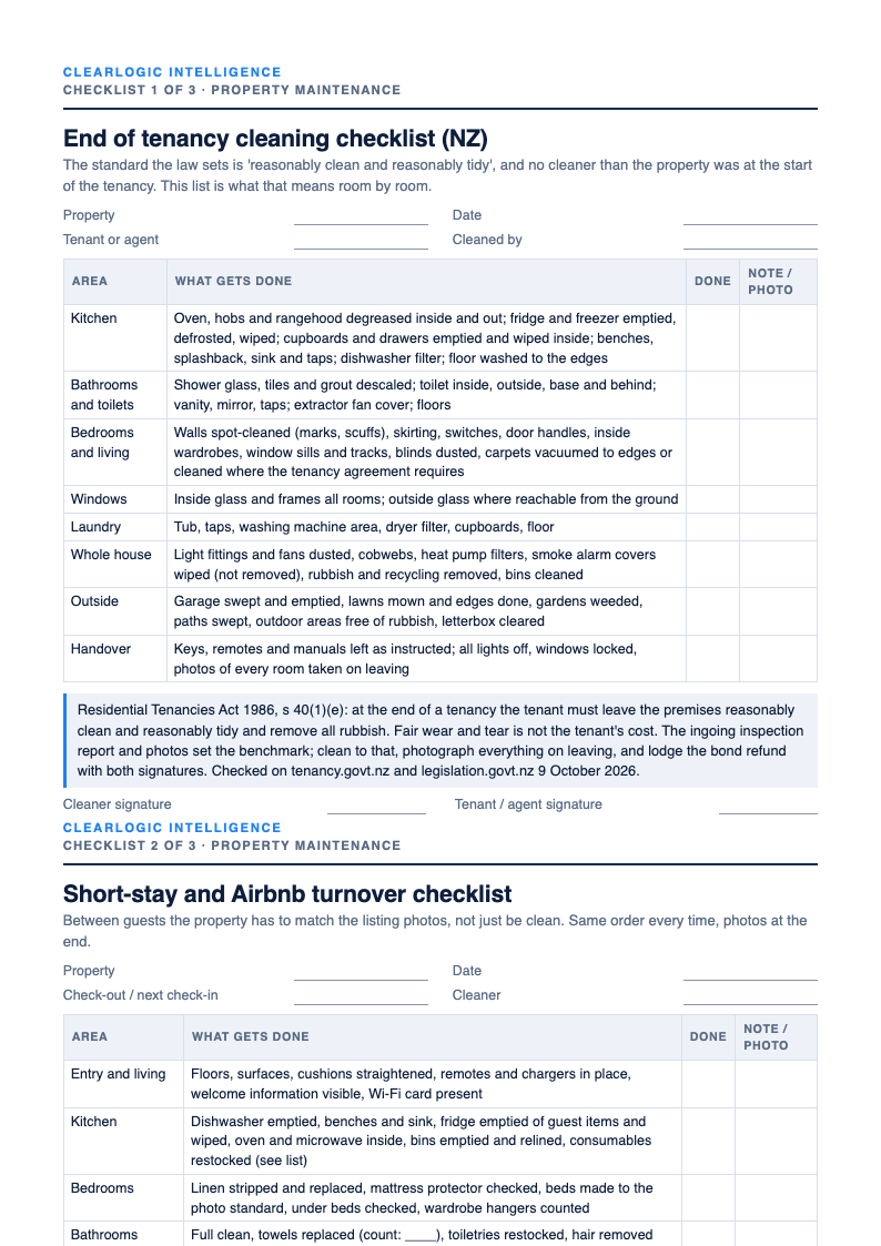 Preview of the Cleaning checklist pack: end of tenancy, short-stay turnover, commercial from ClearLogic Intelligence