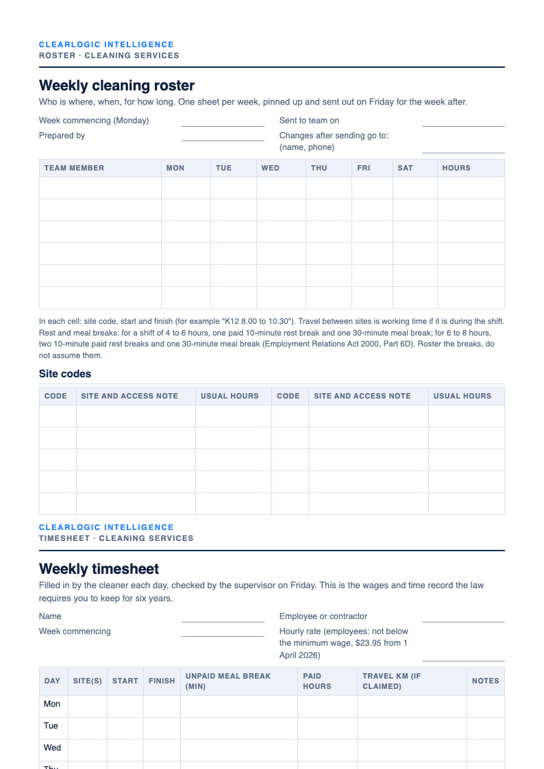 Preview of the Cleaning roster and timesheet (Excel and PDF) from ClearLogic Intelligence