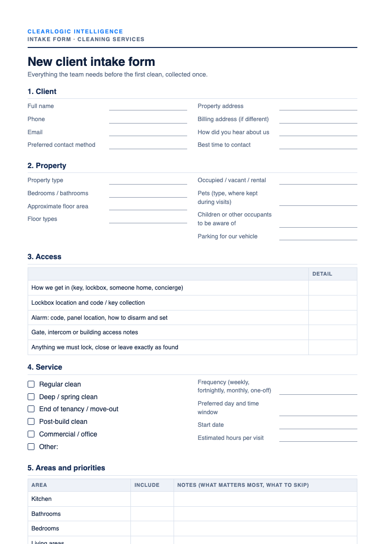 Preview of the Client intake form for cleaning services from ClearLogic Intelligence