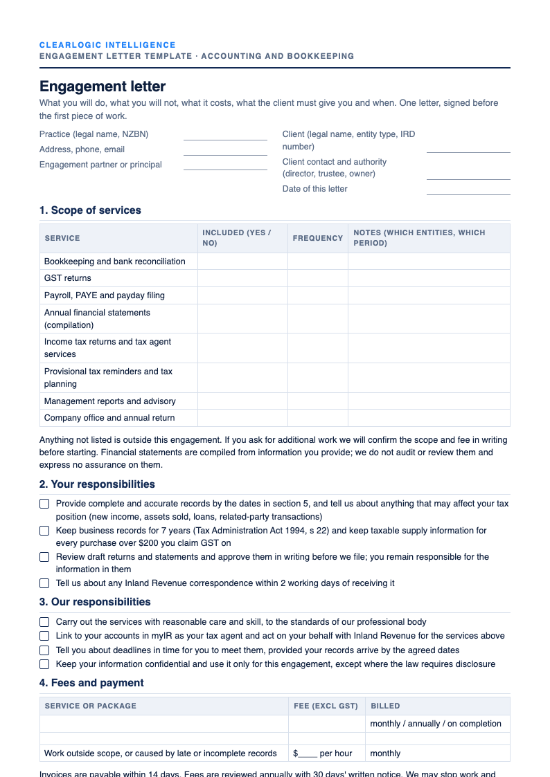 Preview of the Engagement letter template for accountants and bookkeepers from ClearLogic Intelligence