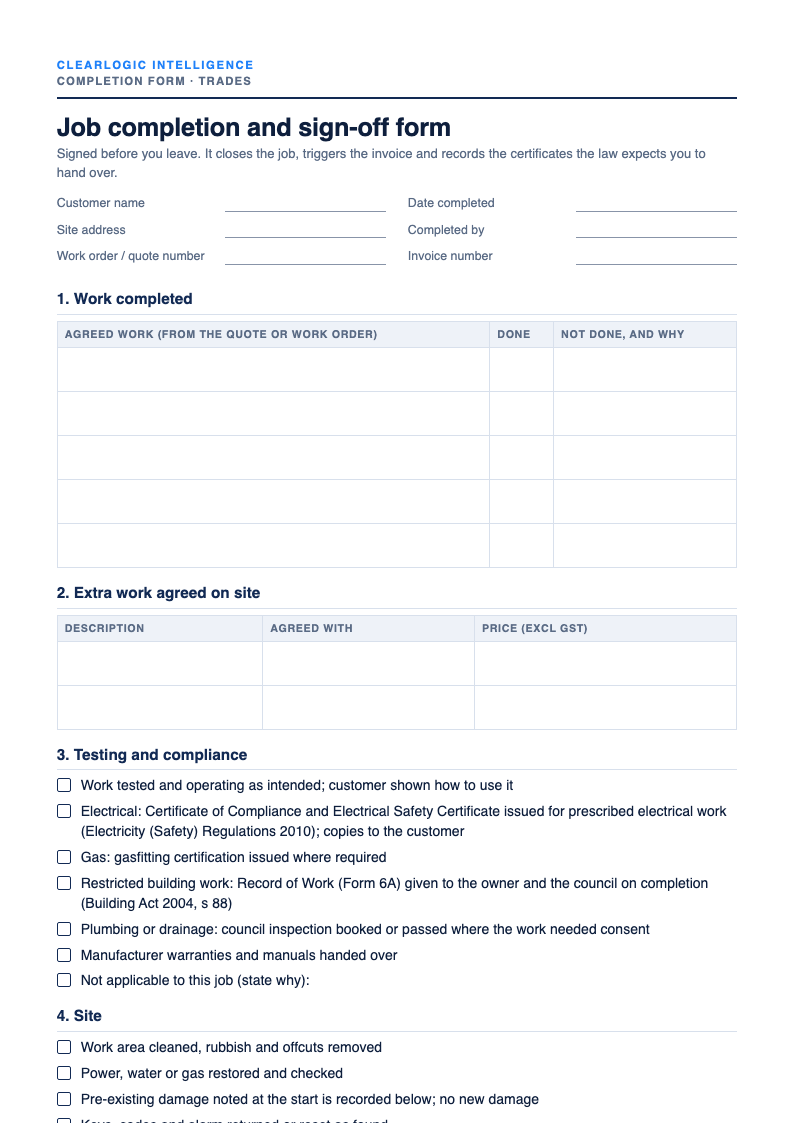 Preview of the Job completion and sign-off form from ClearLogic Intelligence