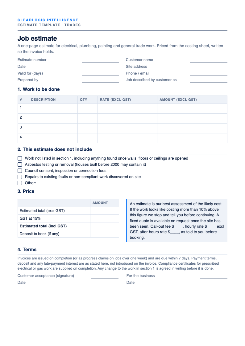 Preview of the Job costing and markup sheet with estimate template from ClearLogic Intelligence