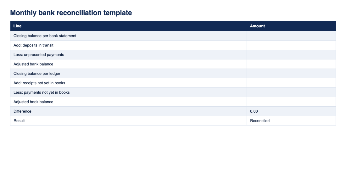 Preview of the Monthly bank reconciliation template (Excel) from ClearLogic Intelligence