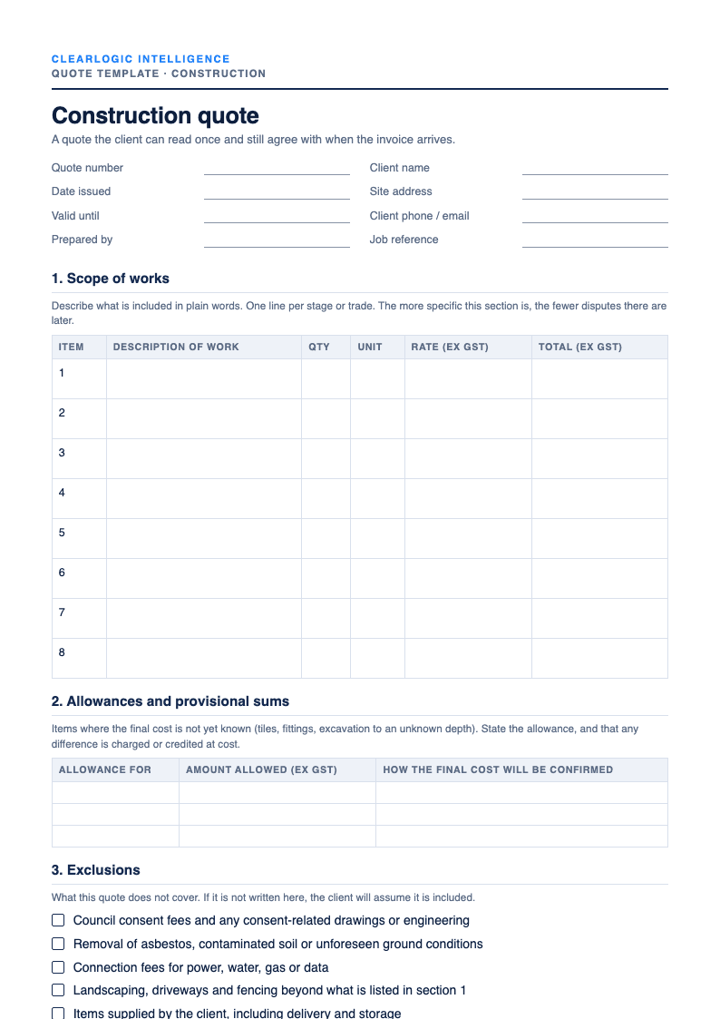 Preview of the Construction quote template from ClearLogic Intelligence