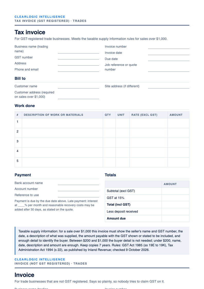 Preview of the NZ tax invoice template for tradies (GST and non-GST) from ClearLogic Intelligence