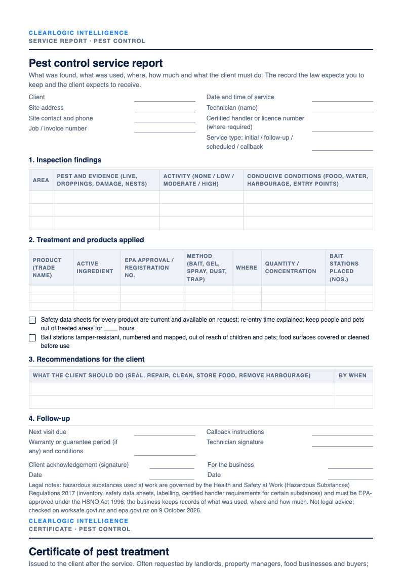 Preview of the Pest control service report and certificate of treatment from ClearLogic Intelligence