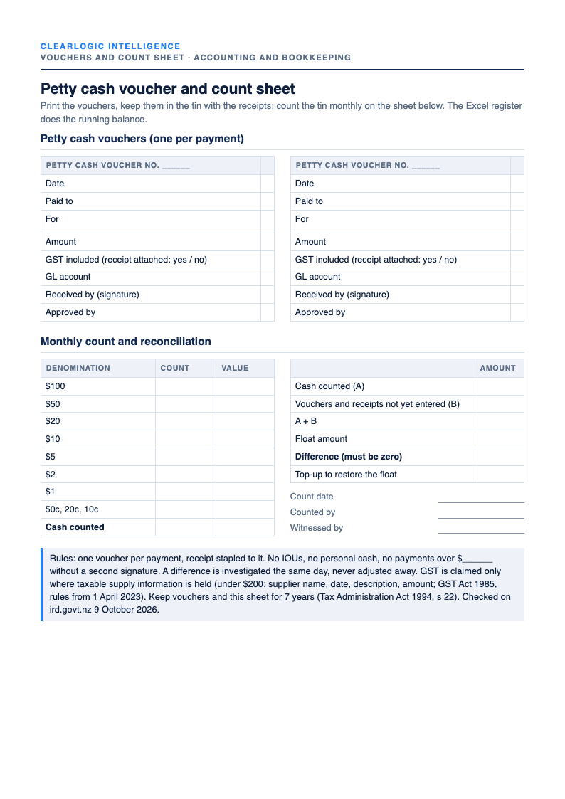 Preview of the Petty cash register (Excel) with vouchers and count sheet from ClearLogic Intelligence