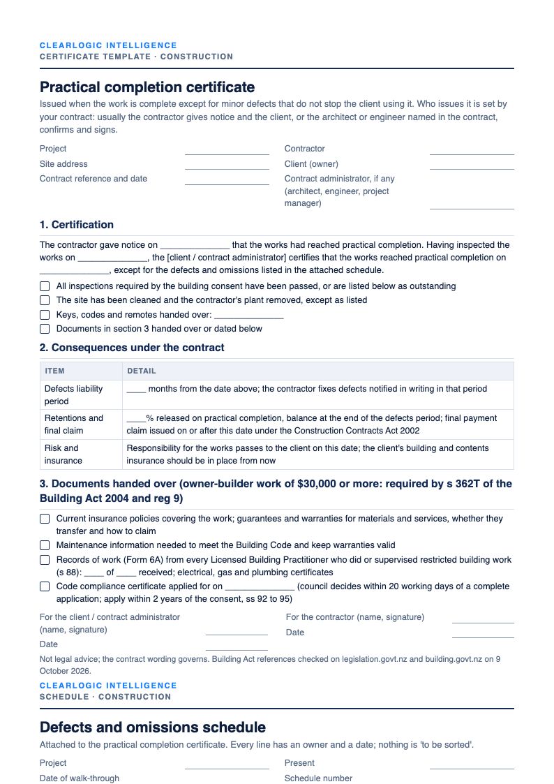 Preview of the Practical completion certificate, defects schedule and handover inspection checklist from ClearLogic Intelligence