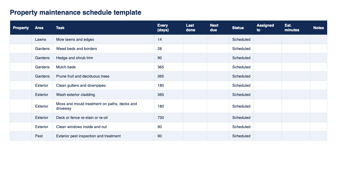 Preview of the Property maintenance schedule template (Excel) from ClearLogic Intelligence