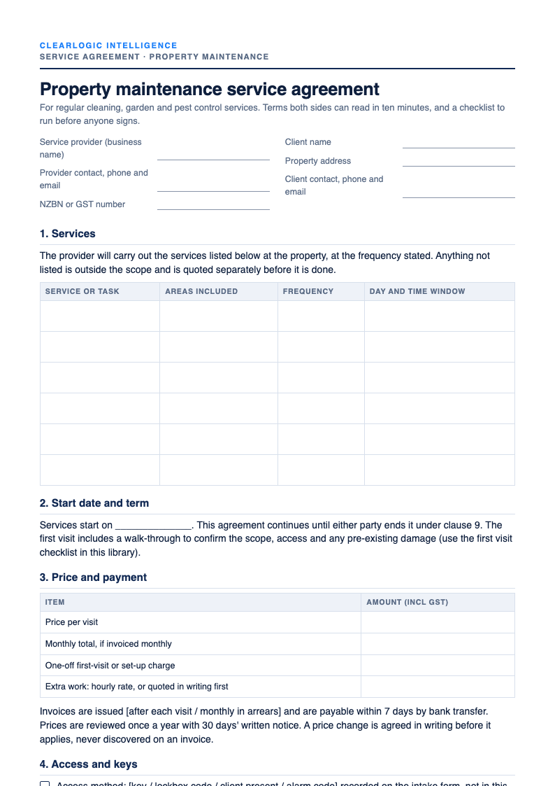 Preview of the Property maintenance service agreement template and checklist from ClearLogic Intelligence
