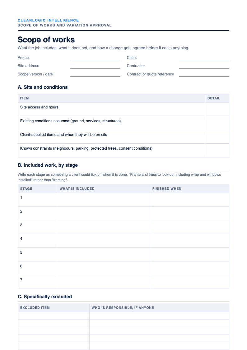 Preview of the Scope of works and variation approval form from ClearLogic Intelligence