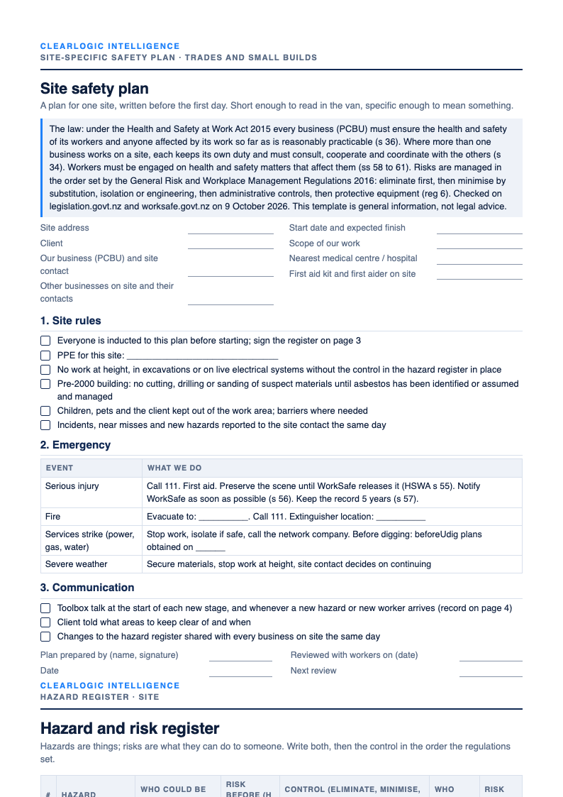 Preview of the Site safety plan, hazard register and toolbox talk record from ClearLogic Intelligence