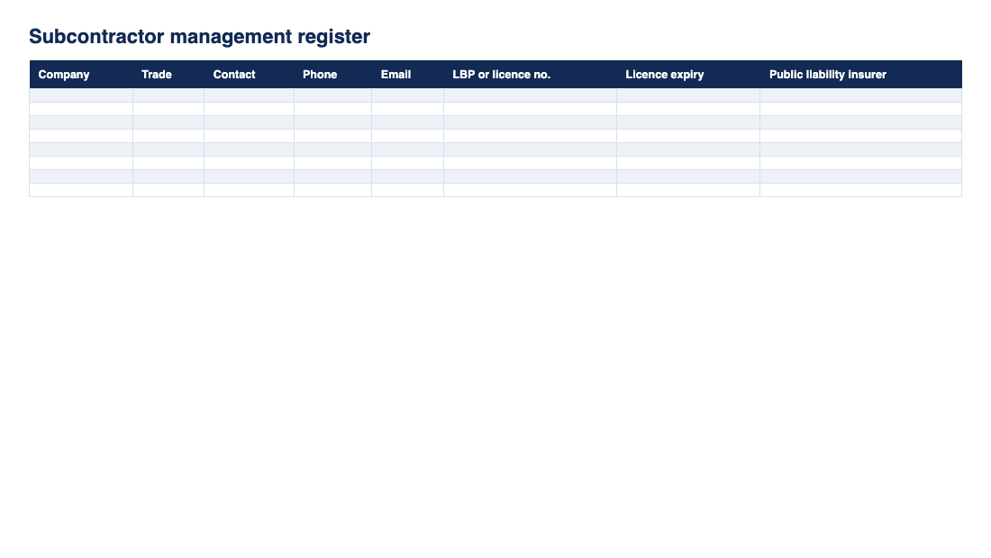 Preview of the Subcontractor management register (Excel) from ClearLogic Intelligence