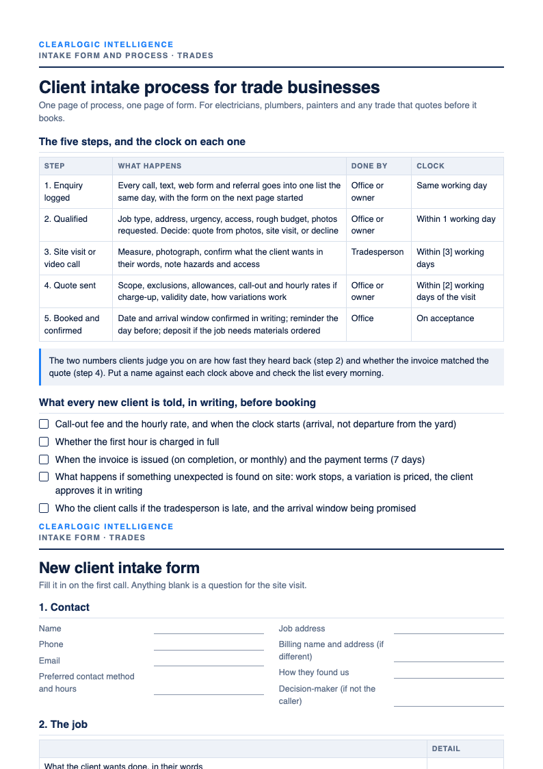 Preview of the Client intake form and process for trade businesses from ClearLogic Intelligence