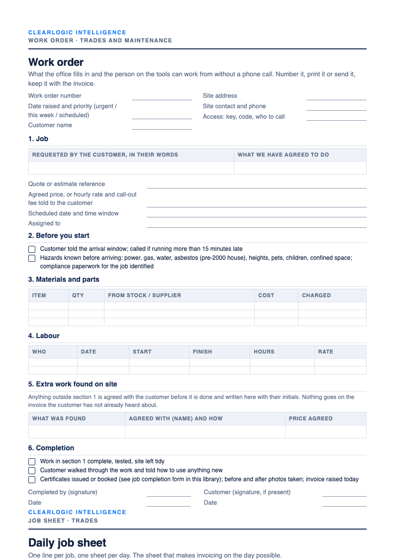 Preview of the Work order and daily job sheet template from ClearLogic Intelligence